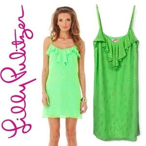 Lilly Pulitzer Gianna Silk Strappy Ruffle Bright Green Metallic Gold Dot size XS